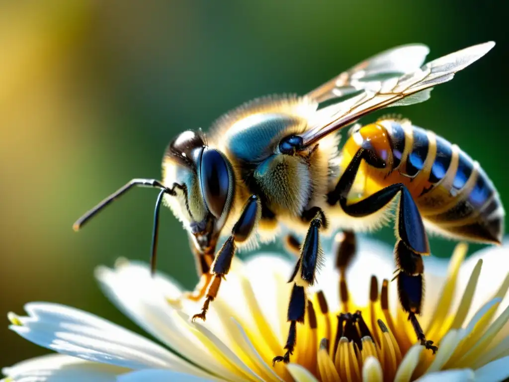 Una abeja recolectando néctar de una flor, mostrando su belleza y comportamiento en la producción de miel