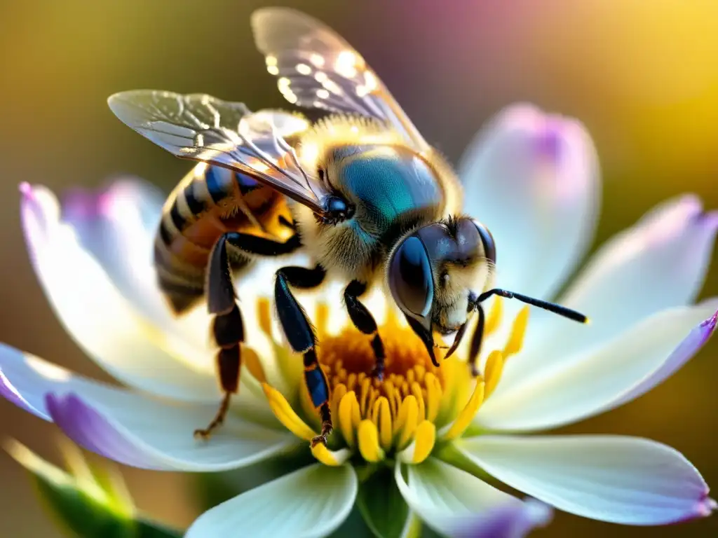 Una abeja recolectando néctar en una flor, resaltando la belleza natural y los beneficios del veneno de abeja