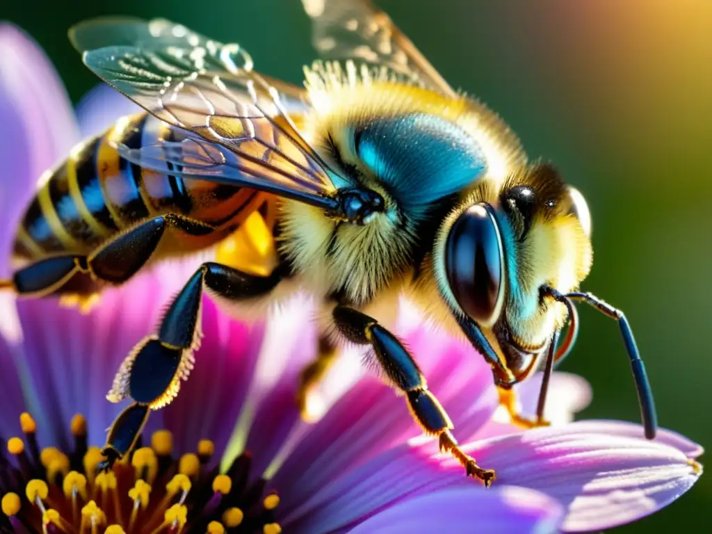 Una abeja polinizando una flor con detalle asombroso, mostrando la belleza y vitalidad de los insectos en la naturaleza