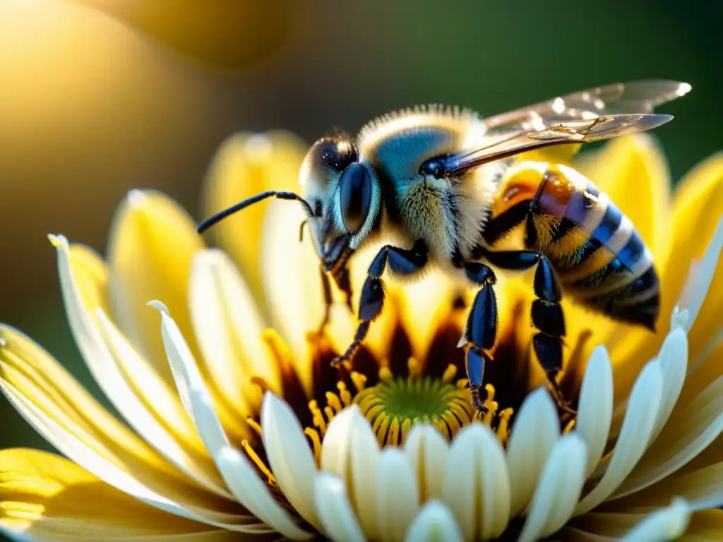 'Una abeja recolectando néctar de una flor, mostrando cada detalle