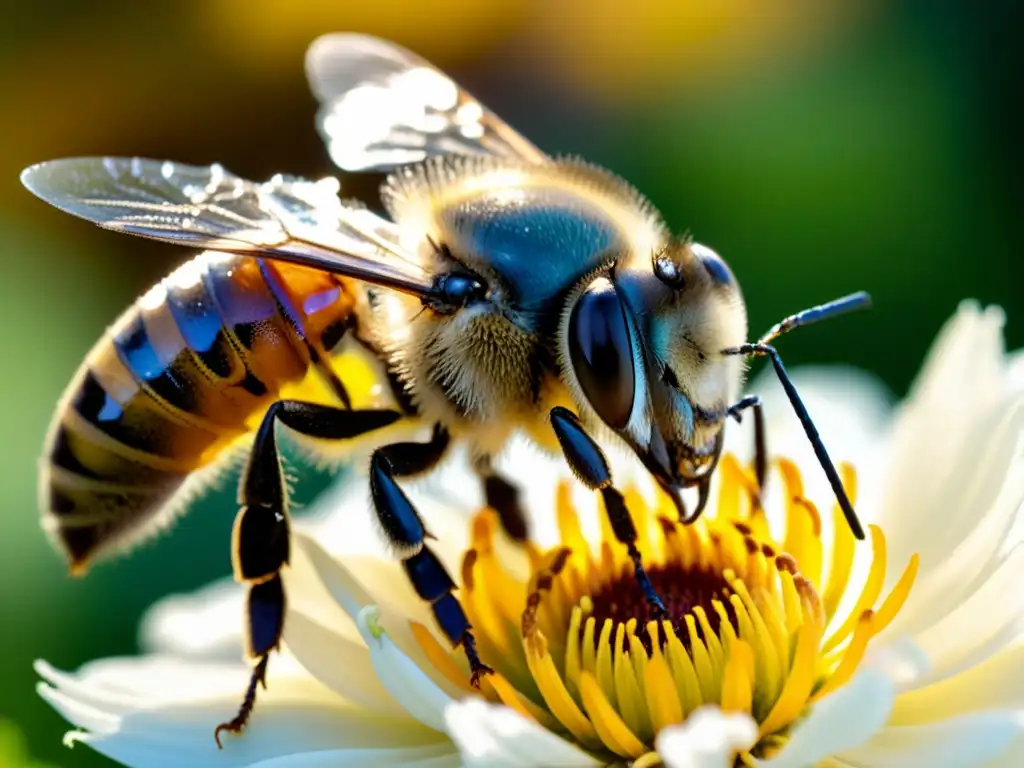 Una abeja recolectando néctar de una flor, mostrando detalles intrincados y beneficios de la apiterapia para la salud