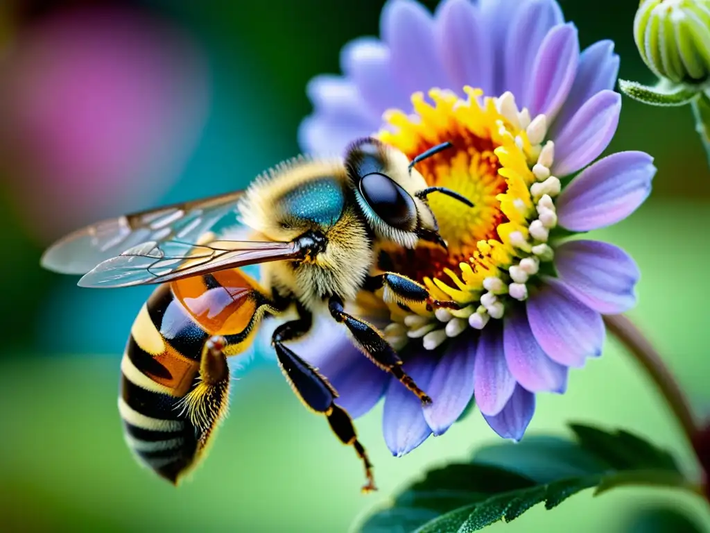 Una abeja polinizando una flor, destacando la importancia de la entomología en economía circular