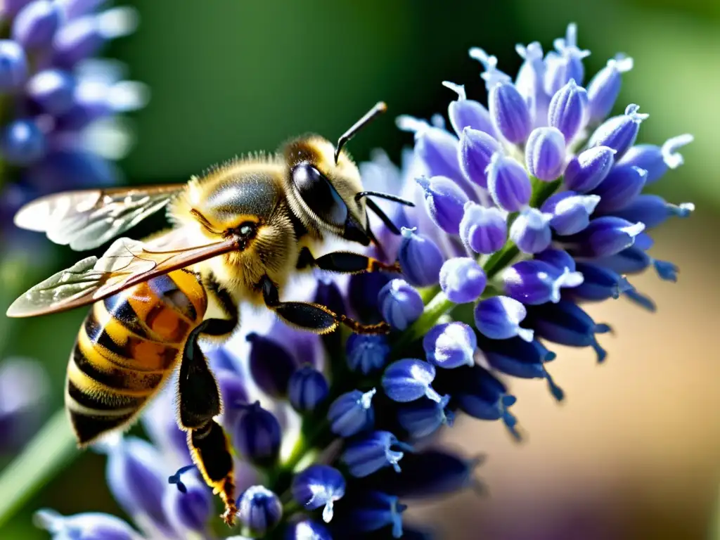 Una abeja recolectando néctar de una flor de lavanda, con detalles asombrosos y alas delicadas