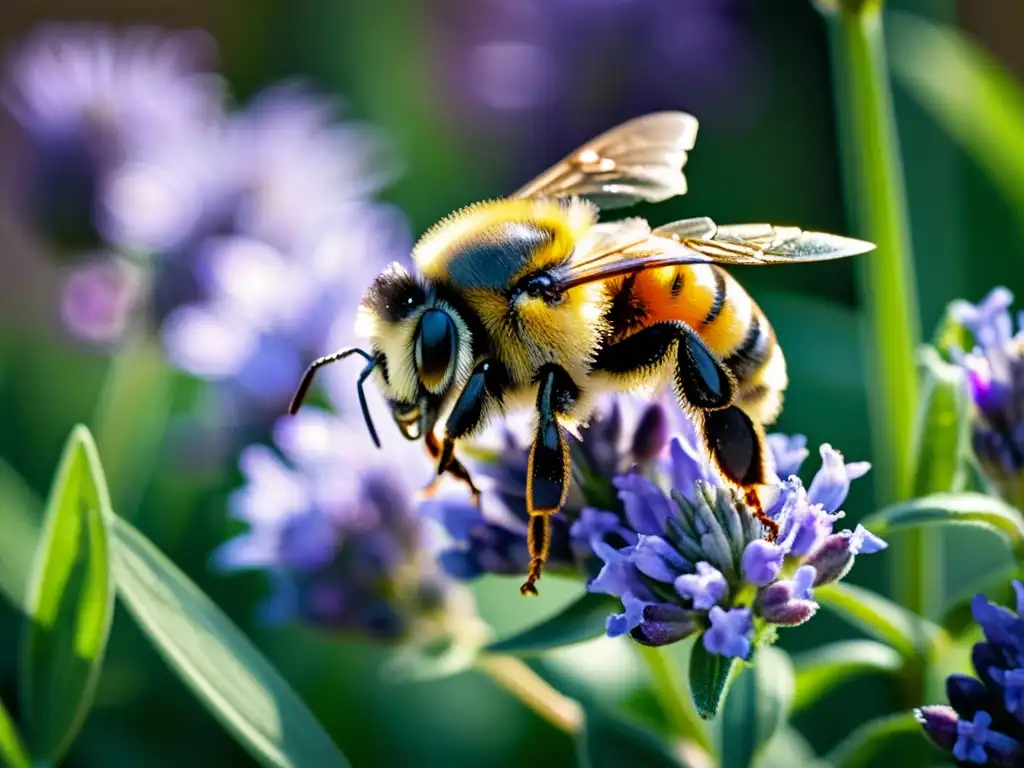 Una abeja zumbando sobre una flor de lavanda morada, atrayendo insectos útiles en espacios pequeños con su polen y detalles cautivadores