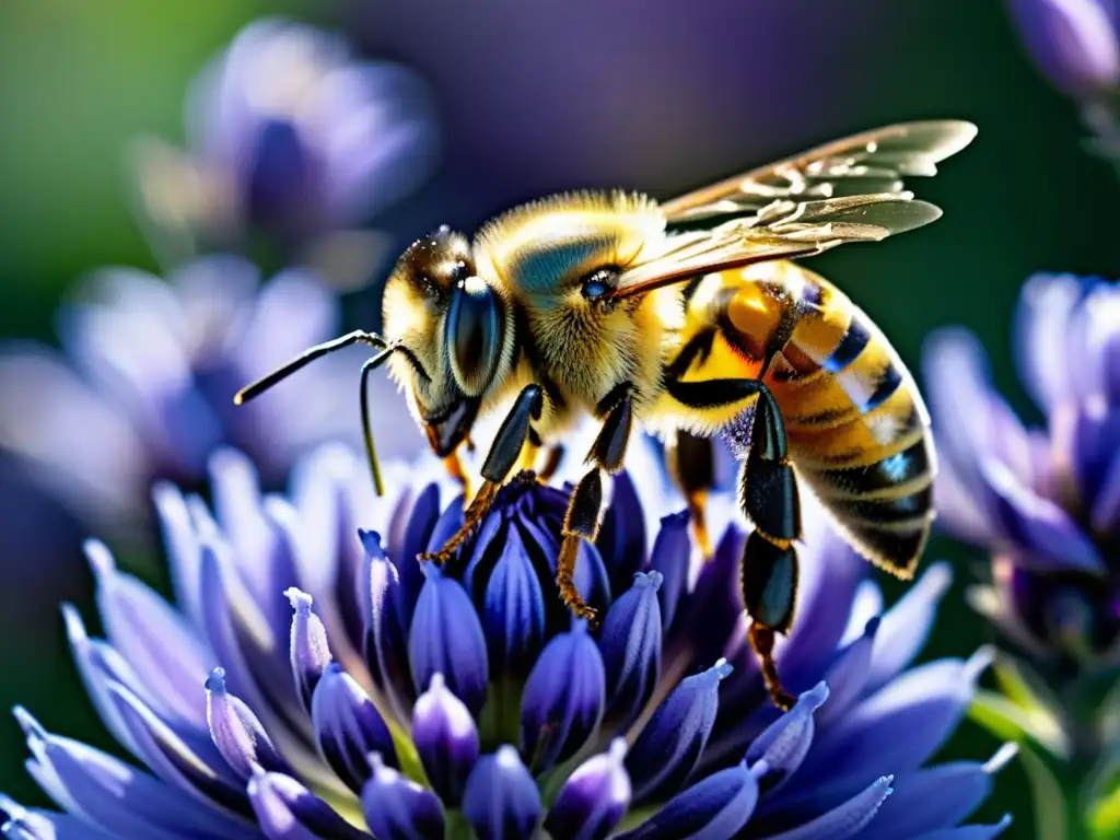 Una abeja recolectando néctar de una flor de lavanda morada, resaltando la importancia de la apicultura urbana en jardines vibrantes