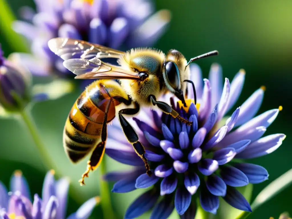 Una abeja recolectando néctar de una flor de lavanda morada, resaltando la importancia de la apicultura urbana en la belleza de la naturaleza