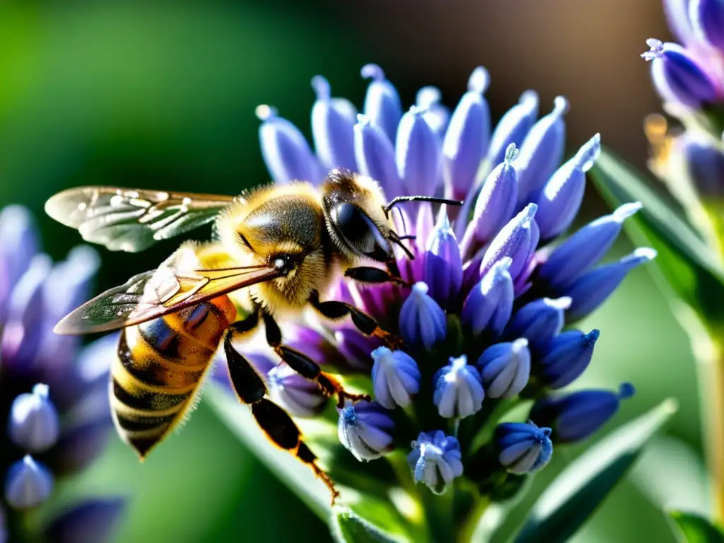 Una abeja recolecta néctar de una flor de lavanda morada brillante, con gotas de néctar visibles en los pétalos