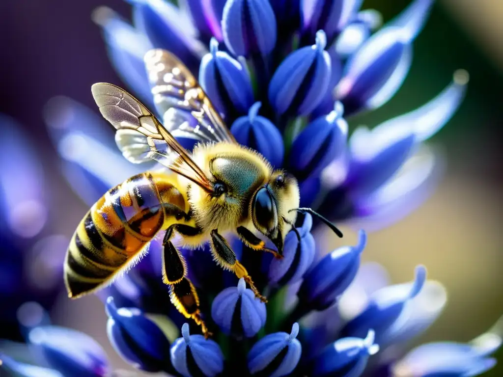 Una abeja recolectando néctar de una flor de lavanda morada, resaltando la importancia de la apicultura urbana