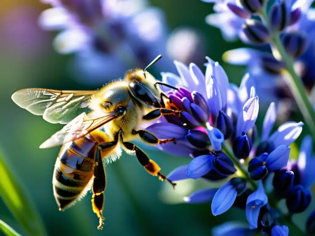 Una abeja recolecta néctar de una flor de lavanda morada, destacando los detalles y la belleza de la escena