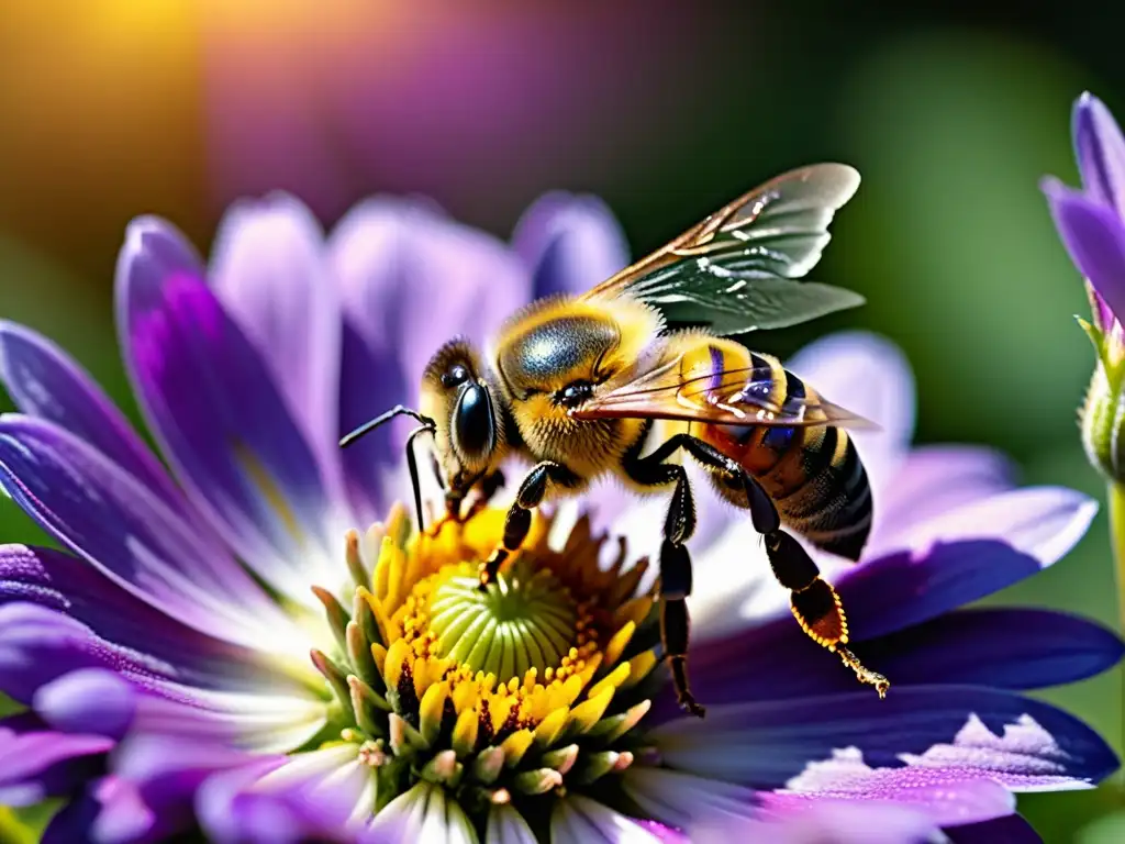 Una abeja recolectando néctar de una flor morada