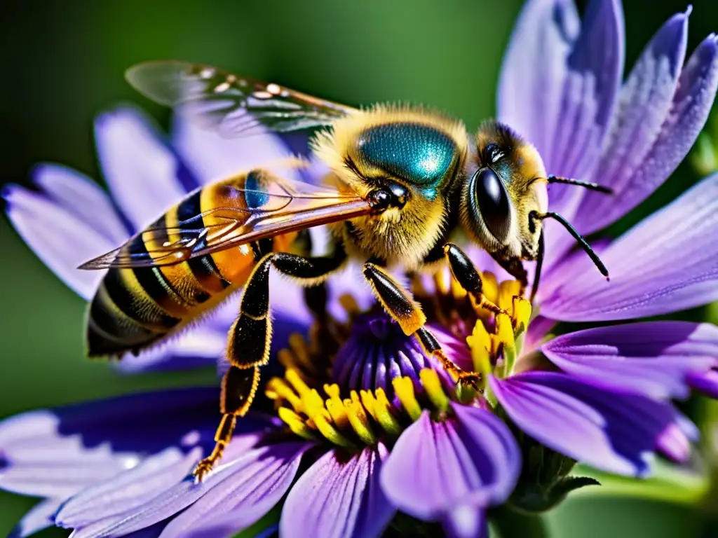 Una abeja recolectando néctar de una flor morada