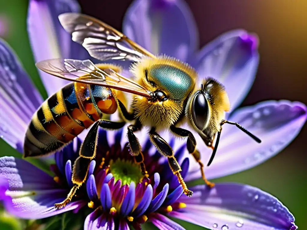 Una abeja recolectando néctar de una flor morada, resaltando la belleza y complejidad del papel de las abejas en farmacología