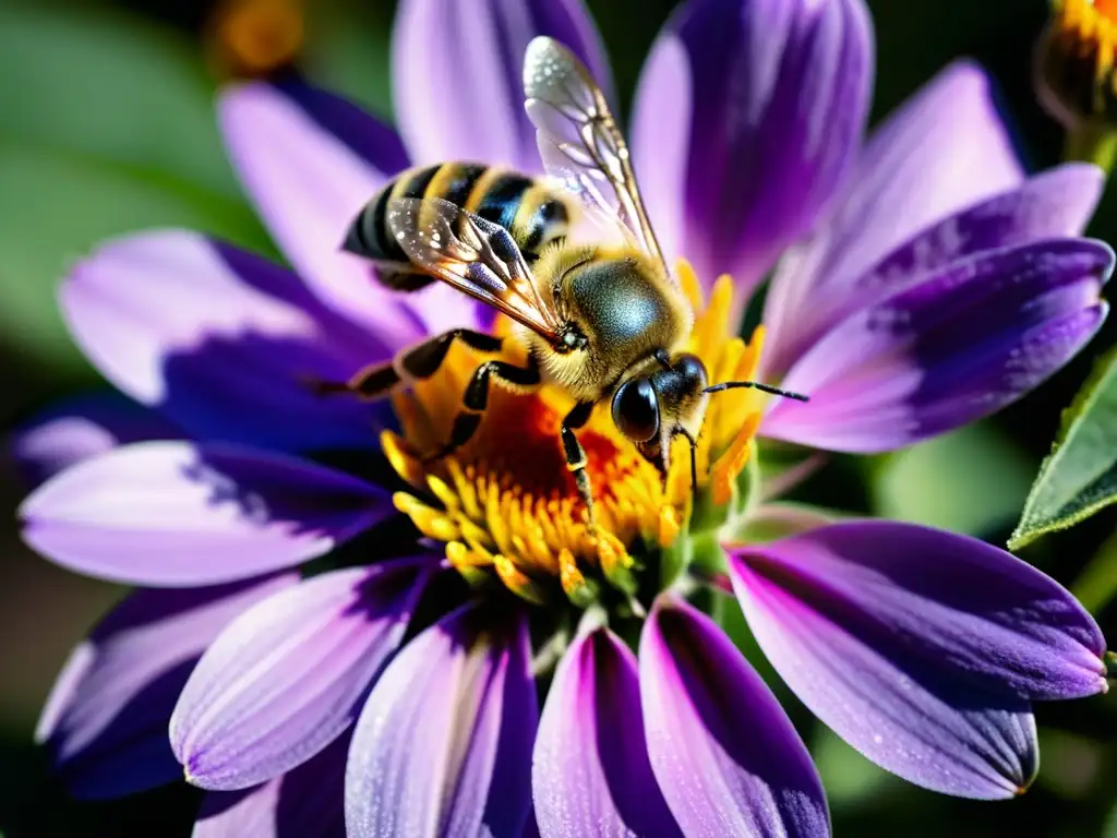 Una abeja recolectando néctar de una flor morada, mostrando la belleza de la apiterapia para la salud