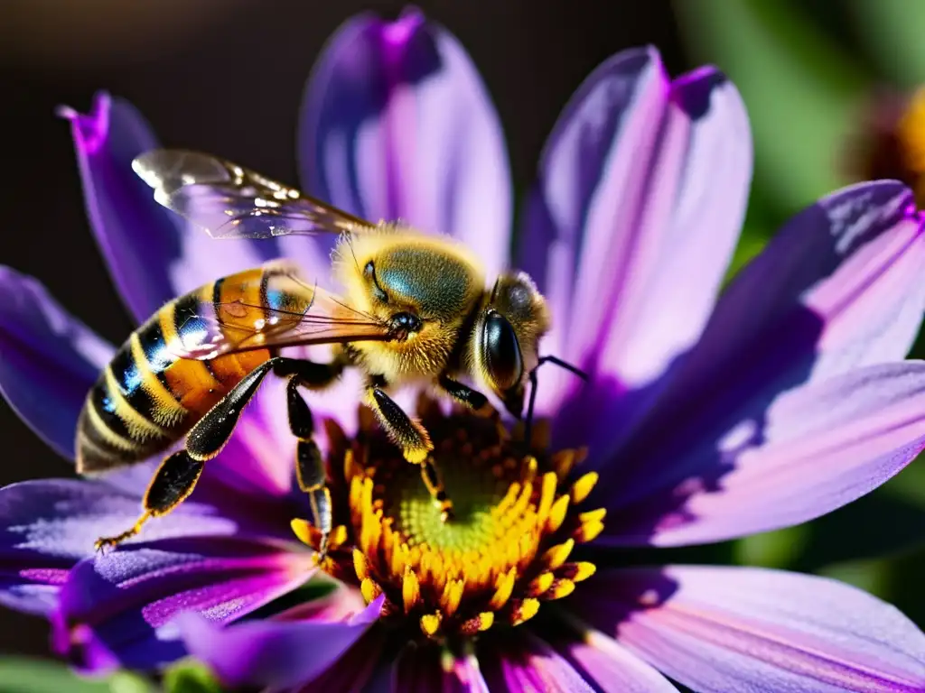 Una abeja recolectando néctar en una flor morada, destacando la belleza natural y los beneficios del veneno de abeja