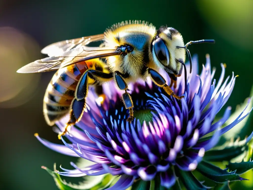 Una abeja recolectando néctar de una flor morada, capturando la belleza del mundo natural