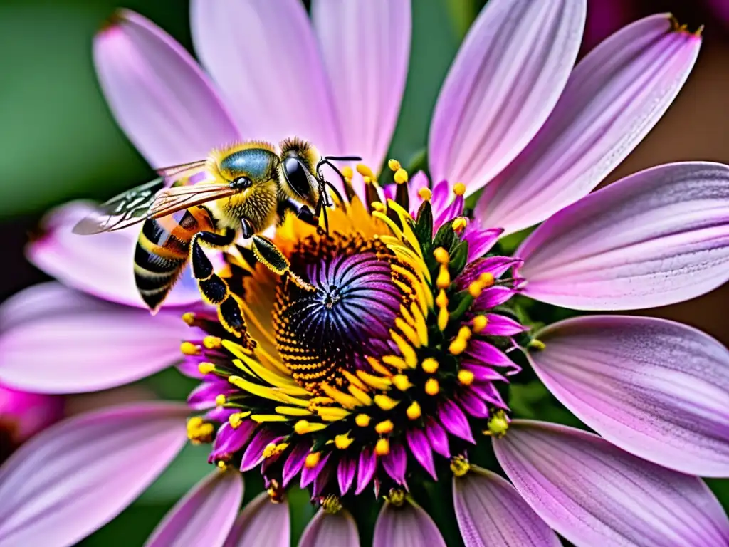 Una abeja recolectando néctar en una flor morada, mostrando el comportamiento de polinización en jardines