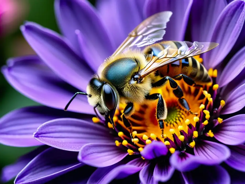 Una abeja recolectando néctar en una flor morada, con detalle ultrafino