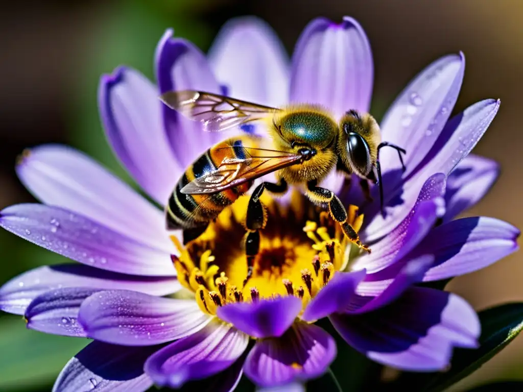 Una abeja recolectando néctar de una flor morada, con detalles ultra definidos