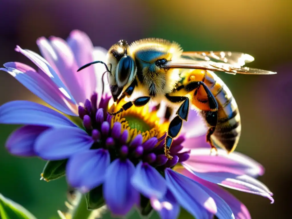 Una abeja recolectando néctar de una flor morada, con detalles de las colas adhesivas ecológicas inspiradas insectos