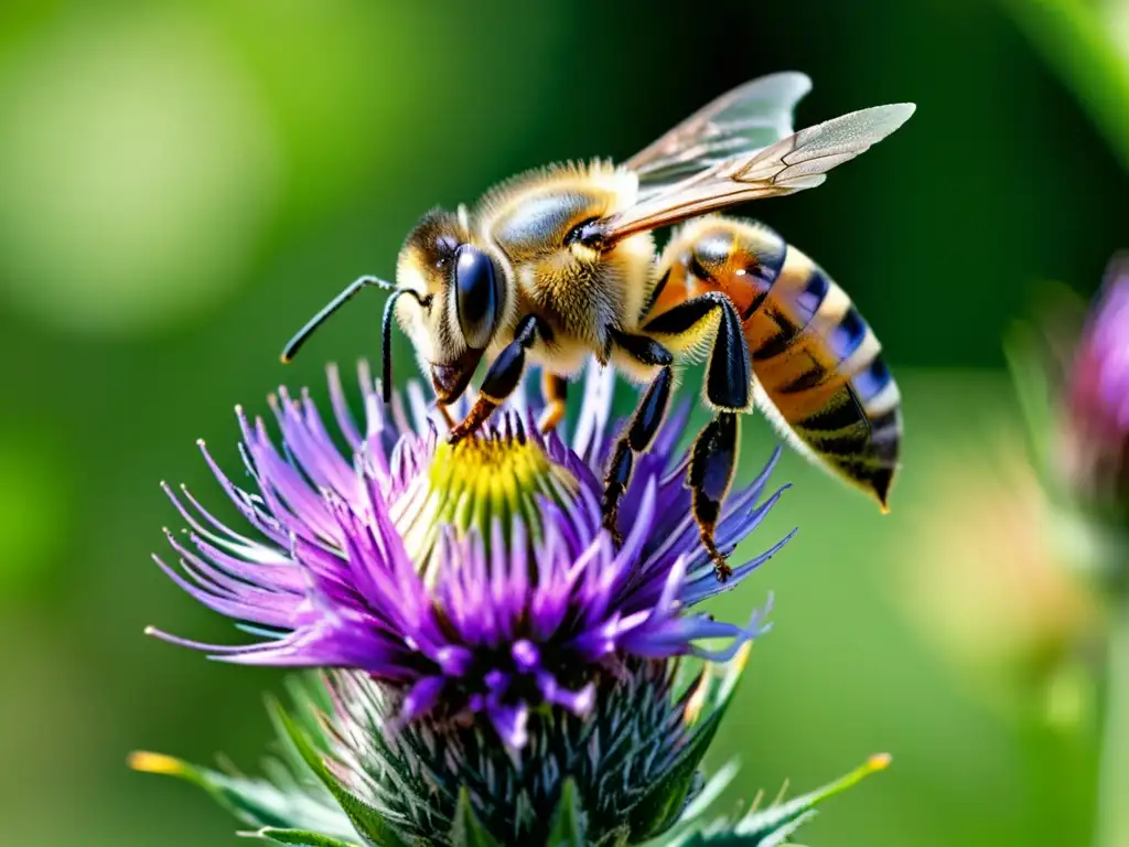 Una abeja recolectando néctar de una flor morada, con detalles en sus alas y pelaje