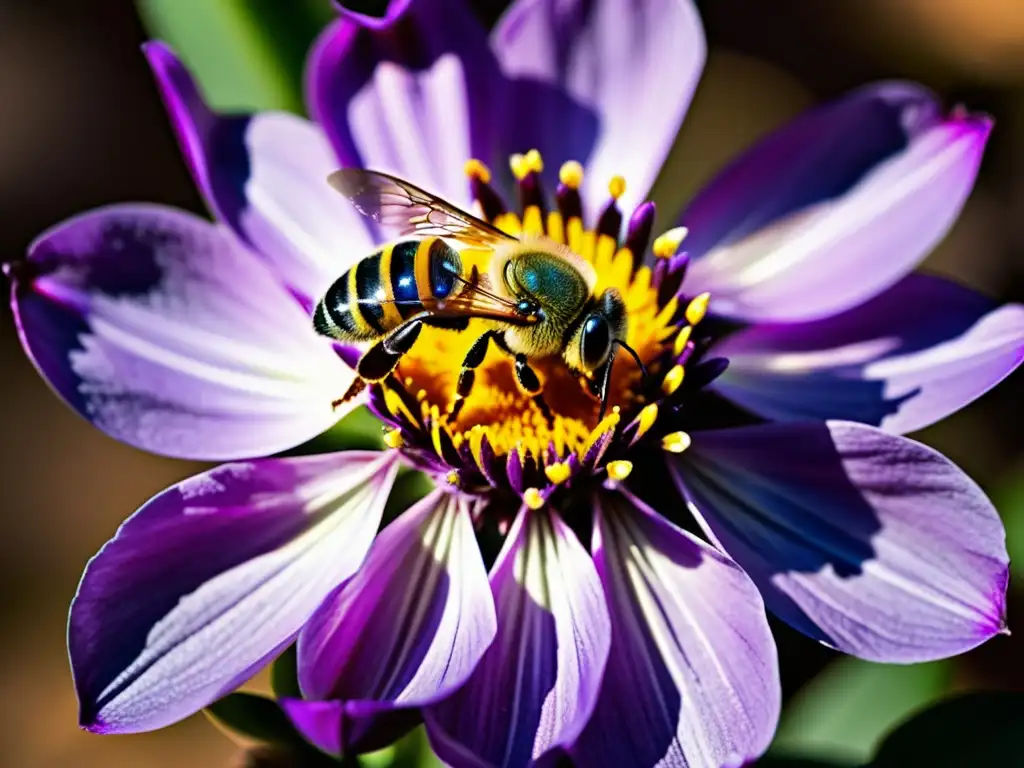 Una abeja recogiendo néctar de una flor morada, con detalles ultra definidos