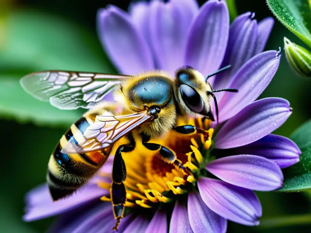 Una abeja recolectando néctar de una flor morada, con detalles increíbles