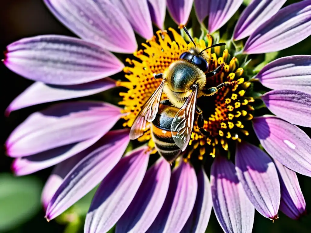 Una abeja recolectando néctar de una flor morada mientras las gotas de néctar y polen brillan al sol