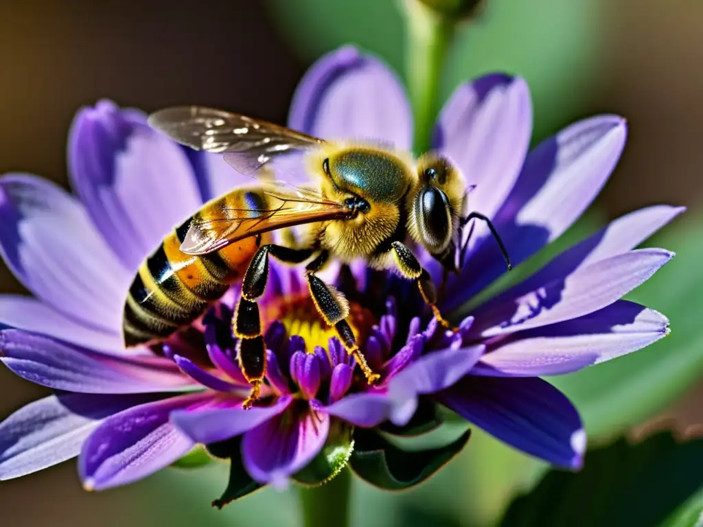 Una abeja recolectando néctar de una flor morada, mostrando la importancia del papel de las abejas en farmacología