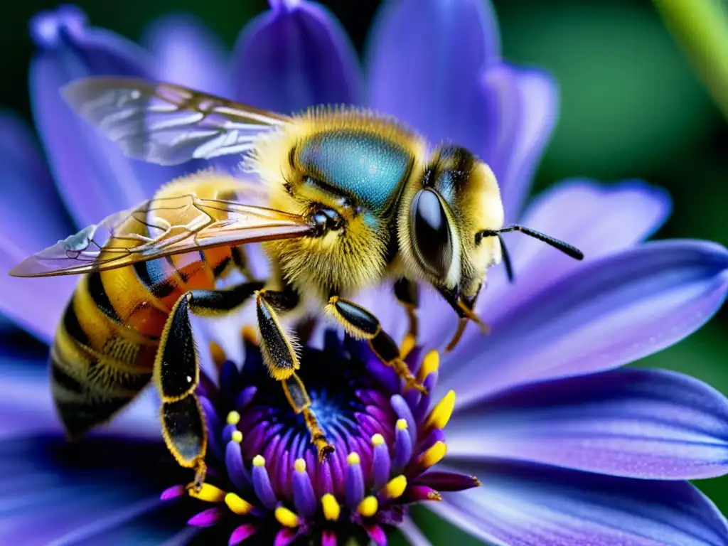 Una abeja polinizando una flor morada, resaltando la importancia de los insectos en ecología