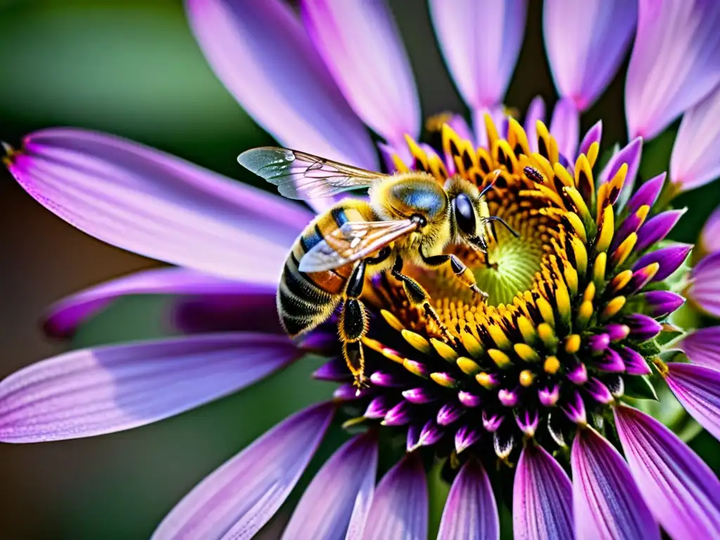 Una abeja aterrizando en una flor morada, resaltando la importancia de los insectos en ecosistemas