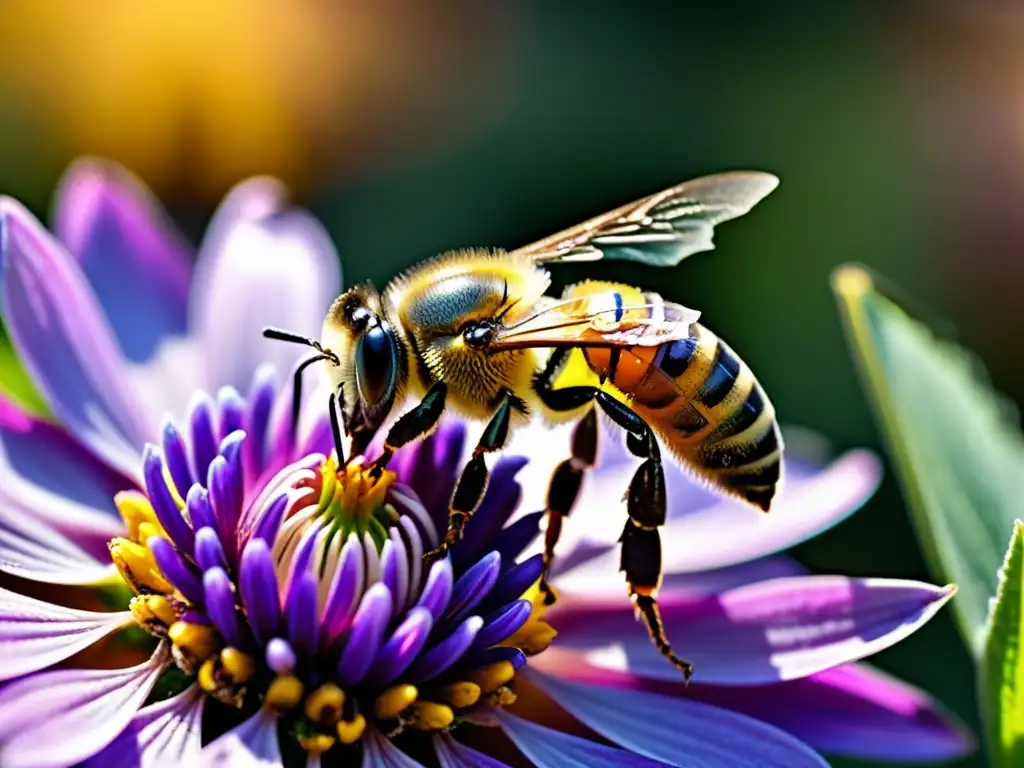 Una abeja recolectando néctar en una flor morada, resaltando la importancia de proteger a los polinizadores de los pesticidas