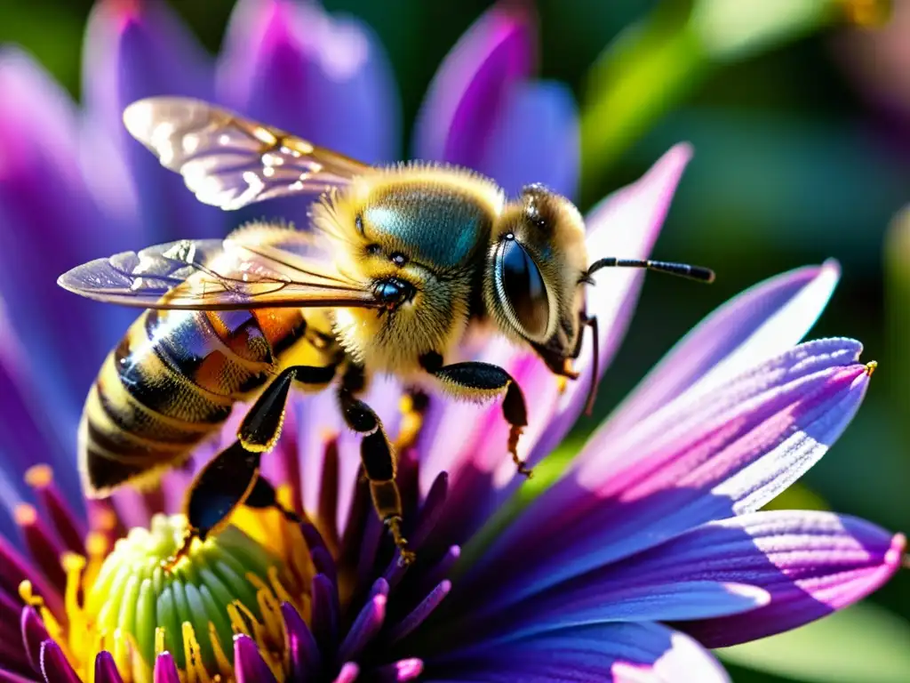 Una abeja recolectando néctar de una flor morada, resaltando la importancia de la apicultura urbana en la belleza macro de la naturaleza