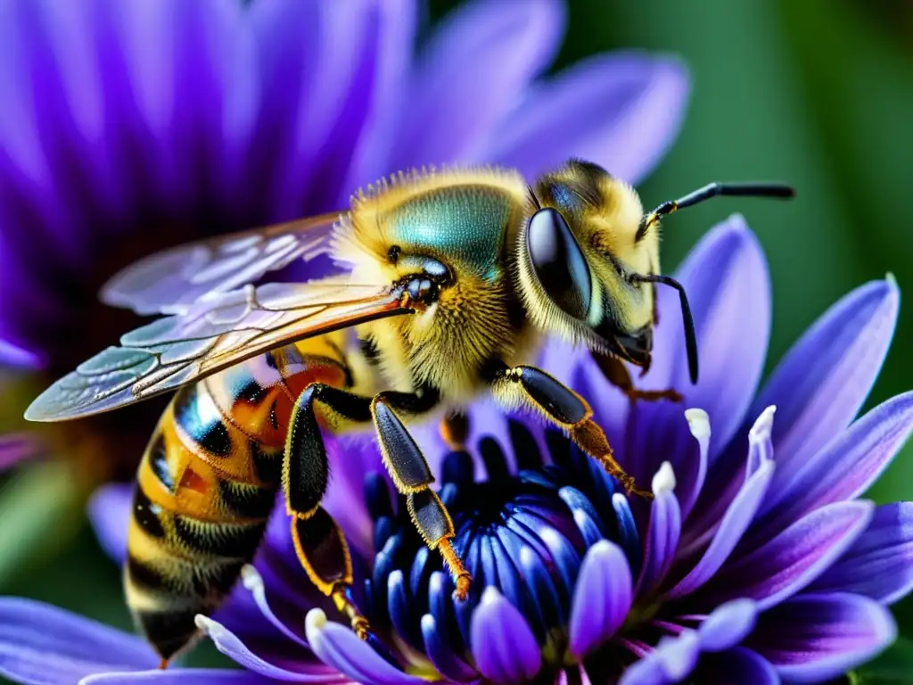 Una abeja polinizando una flor morada, resaltando la importancia de las abejas en control de plagas