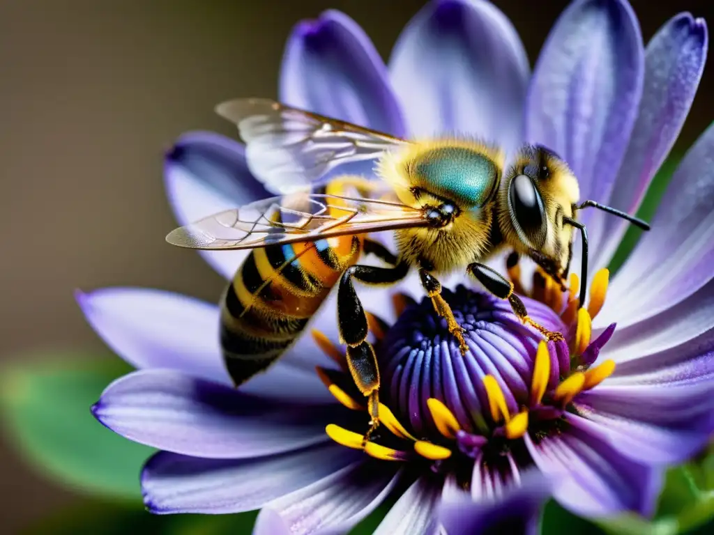 'Una abeja recolectando néctar en una flor morada, demostrando la importancia de las abejas en el control de plagas'