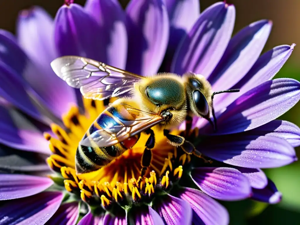 Una abeja recolectando néctar en una flor morada, resaltando la importancia de los insectos en ecología con su labor incansable