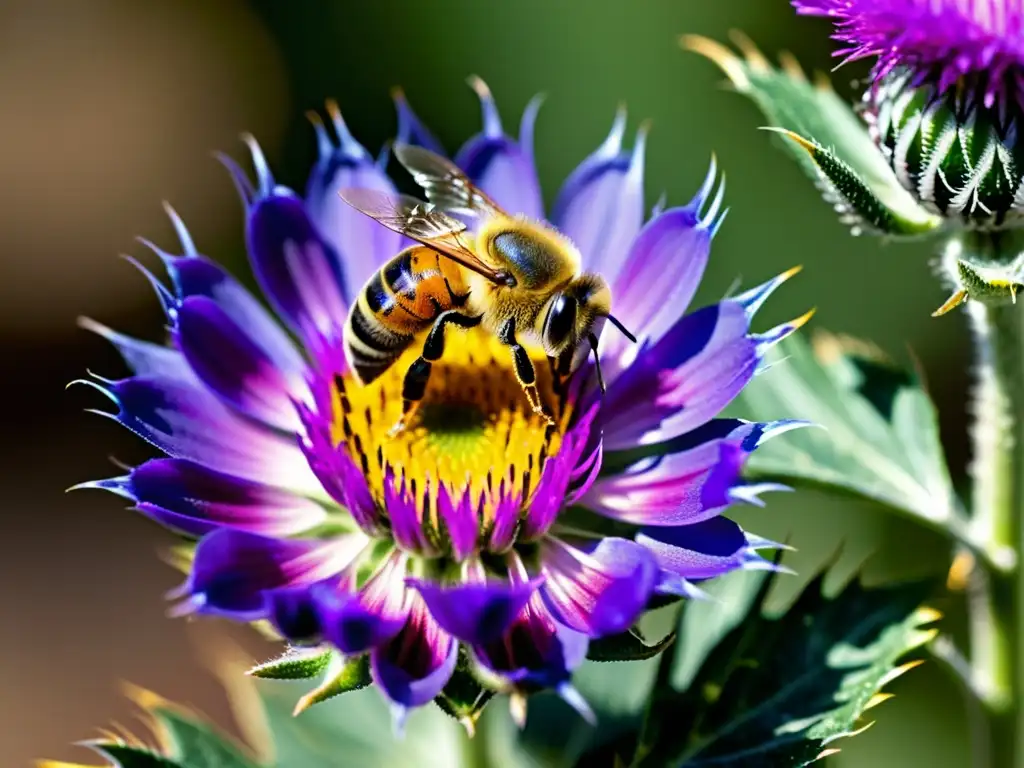 Una abeja recolectando néctar en una flor morada, mostrando la importancia de la alimentación en insectos en la naturaleza