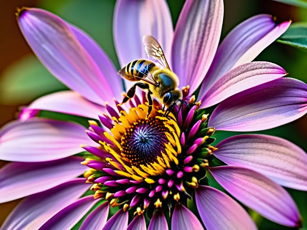 Una abeja recolectando néctar en una flor morada, resaltando el papel de las abejas en farmacología