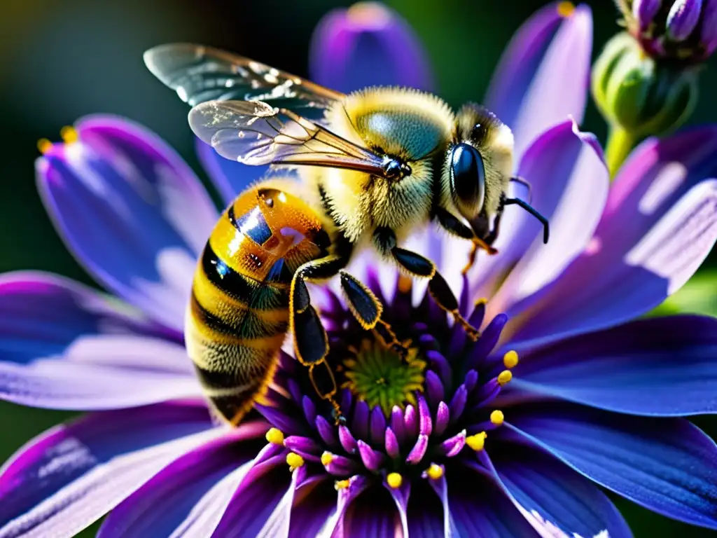 Una abeja recolectando néctar de una flor morada, destacando la producción de quercetina en abejas y sus propiedades medicinales