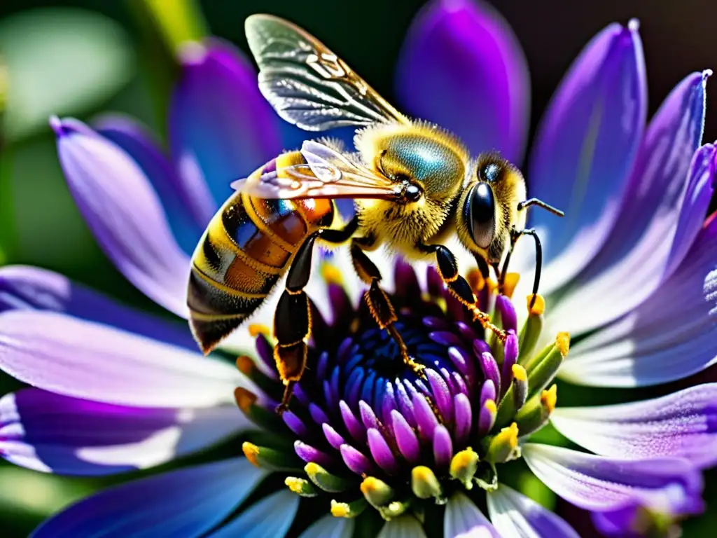 Una abeja recolectando néctar de una flor morada, resaltando la relación ética entre humanos e insectos en la naturaleza