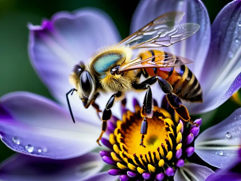 Una abeja recogiendo néctar de una flor morada, destacando la relación simbiótica entre las abejas y la producción de quercetina