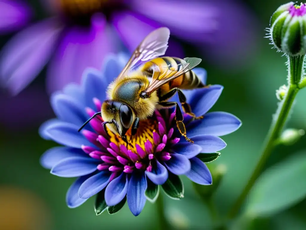 Una abeja recolecta néctar en una flor morada, mostrando la relación íntima entre insectos y su hábitat natural