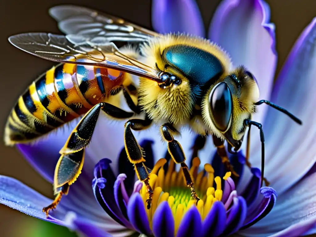 Una abeja recolectando néctar de una flor morada rica en quercetina