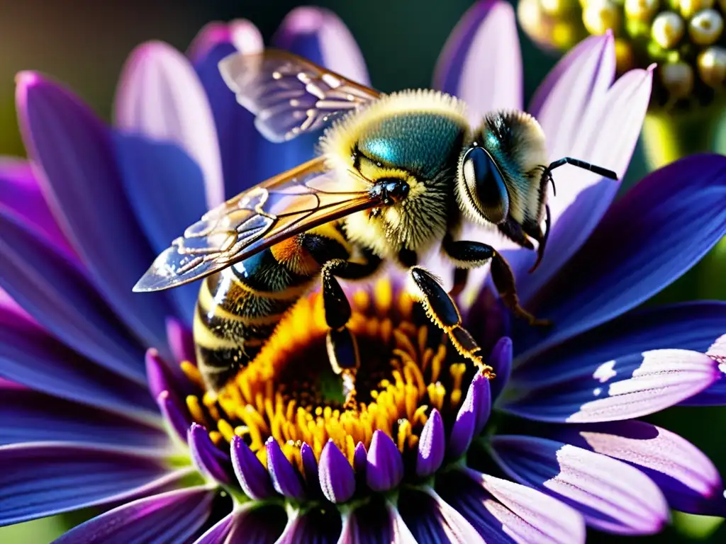 Una abeja recogiendo néctar de una flor morada vibrante