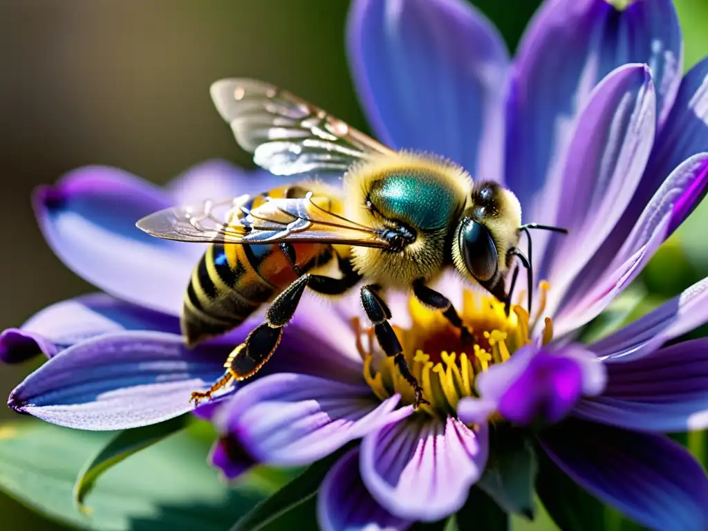 Una abeja extrae néctar de una flor morada vibrante, con detalles detallados de sus alas y cuerpo, y el fondo difuminado de follaje verde