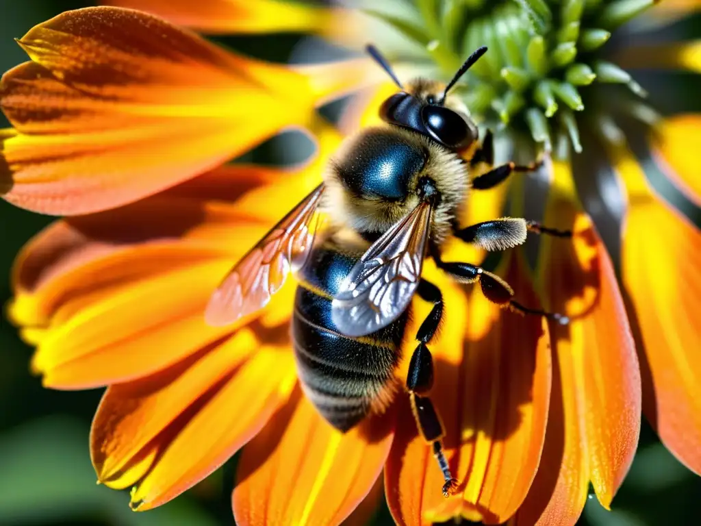 Una abeja recolectando néctar de una flor naranja, con sus detalles visibles y las alas en movimiento