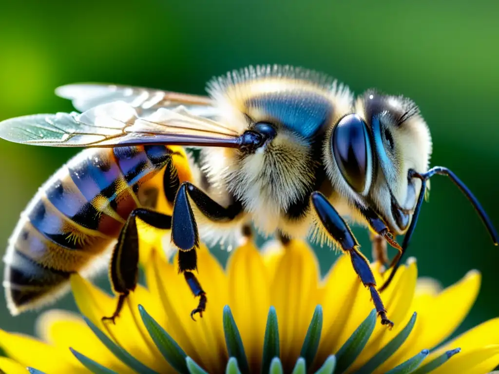 Una abeja recogiendo néctar en una flor rica en quercetina, destacando propiedades medicinales quercetina abejas