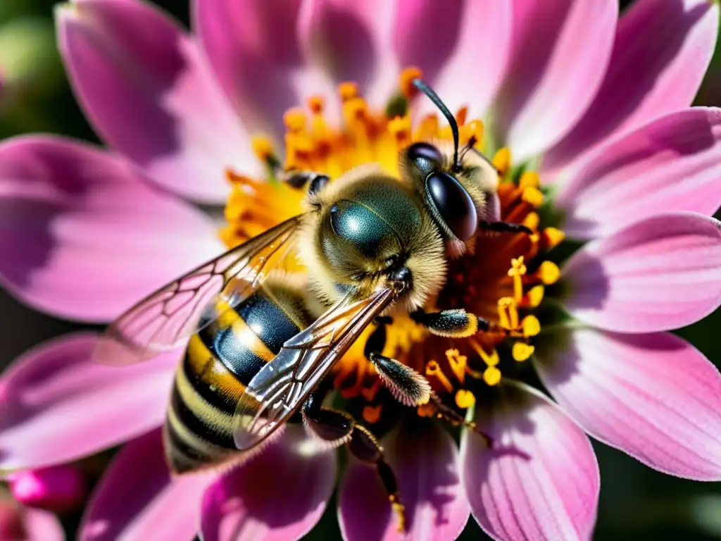 Una abeja recolectando néctar en una flor rosa, con detalles microscópicos