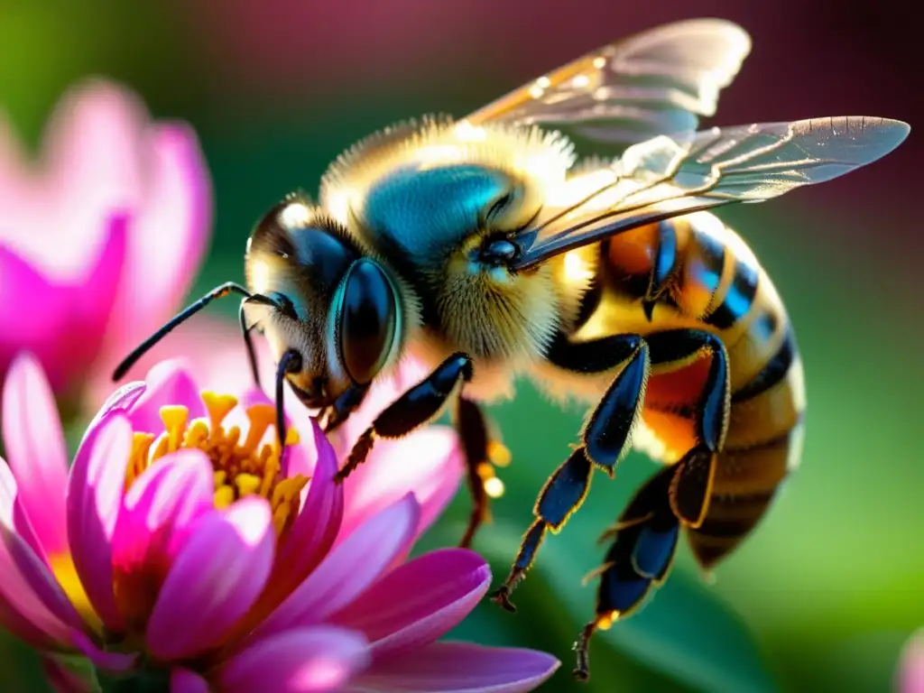 Una abeja polinizando una flor rosa, mostrando detalles intrincados y relaciones simbióticas entre insectos y plantas