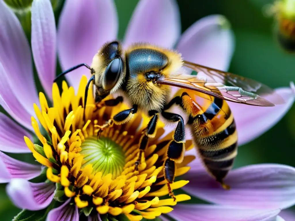 Una abeja recolectando néctar en una flor vibrante, destacando su crucial rol en la producción de miel y el comportamiento en el ecosistema