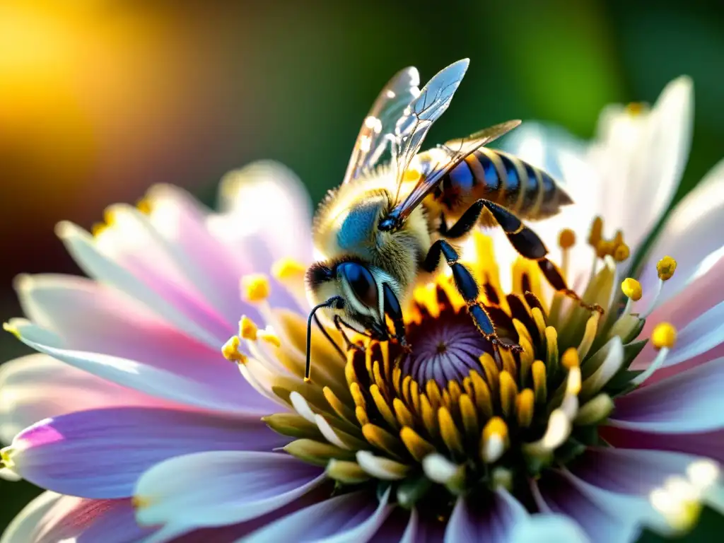 Una abeja recolectando néctar de una flor vibrante, con un detalle asombroso